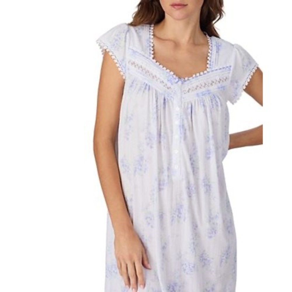 Eileen West Nightgown Women Medium Blue White NWT Cotton Floral Lace Embroidered